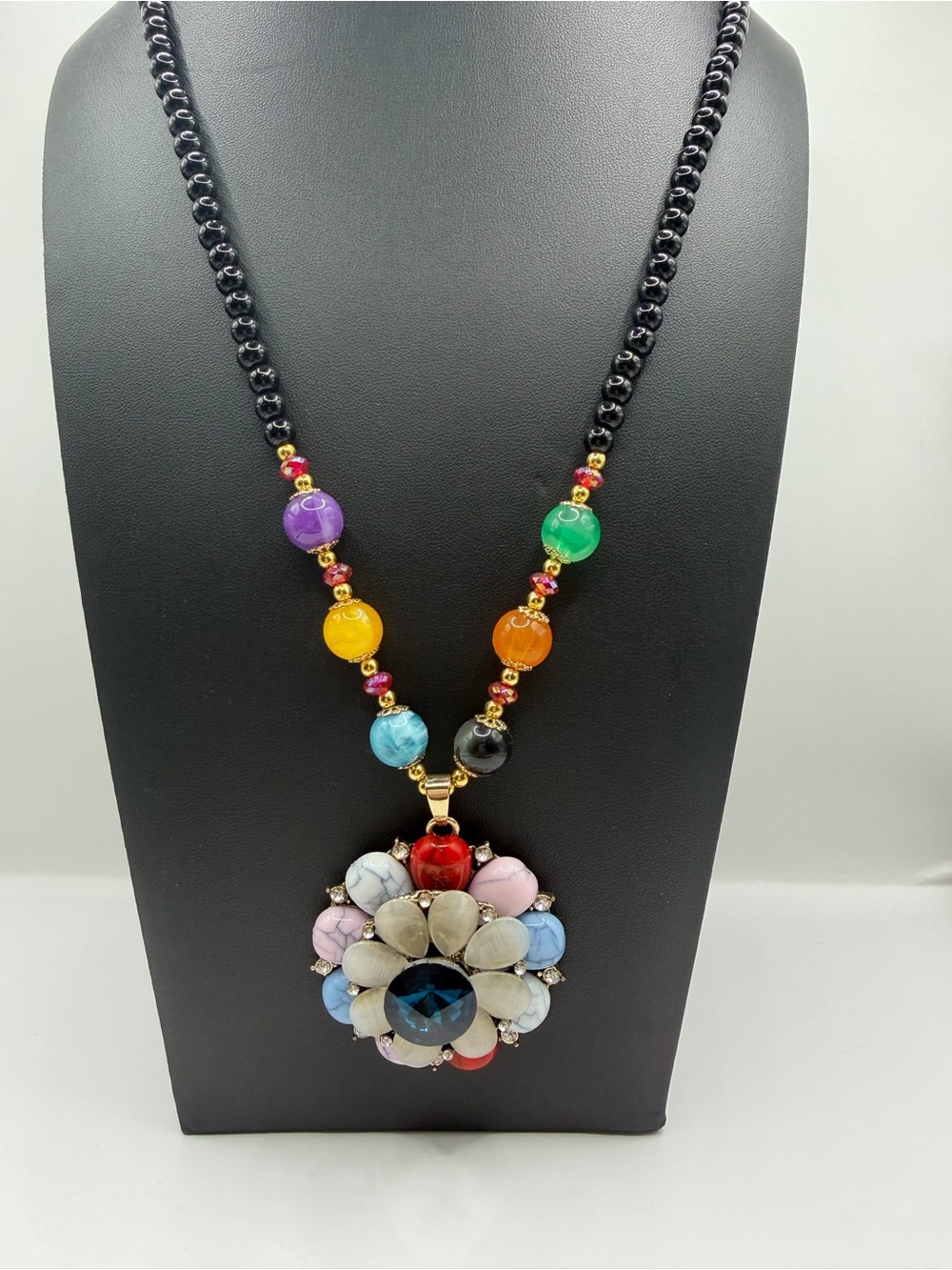 Boho Floral Medallion Necklace | Rainbow Beaded Hippie Statement Pendant - Picture 6 of 8